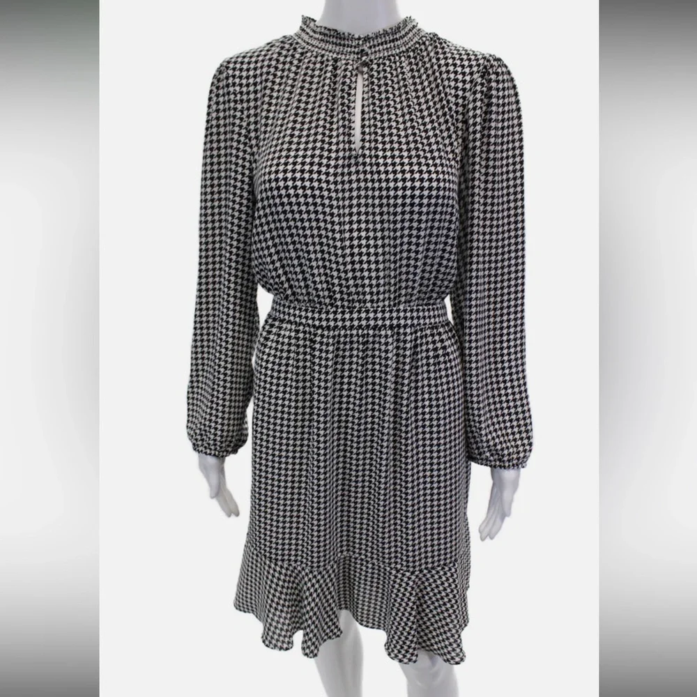 J Crew Womens Houndstooth Print Long Sleeve Ruffle Hem Dress White Black Size 10